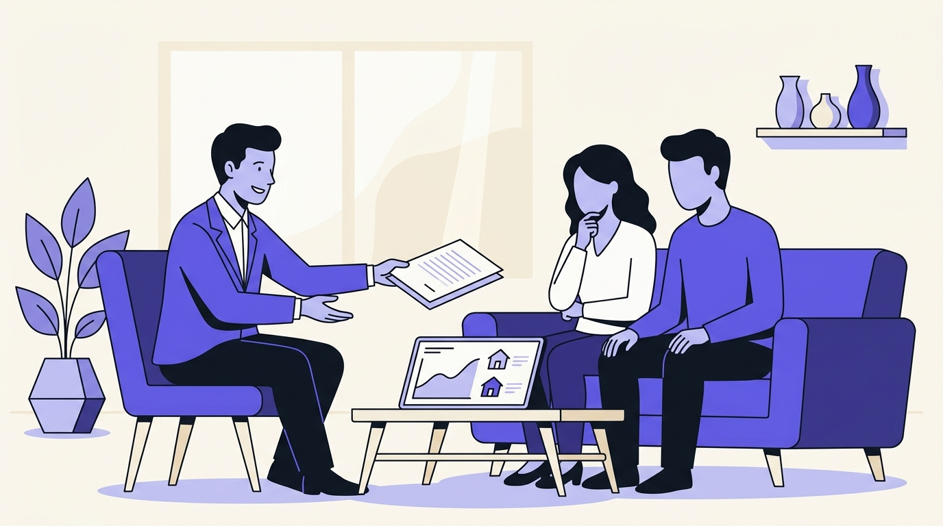 Un agent immobilier présentant un document d’estimation à un couple de propriétaires dans leur salon, illustration éditoriale flat design indigo
