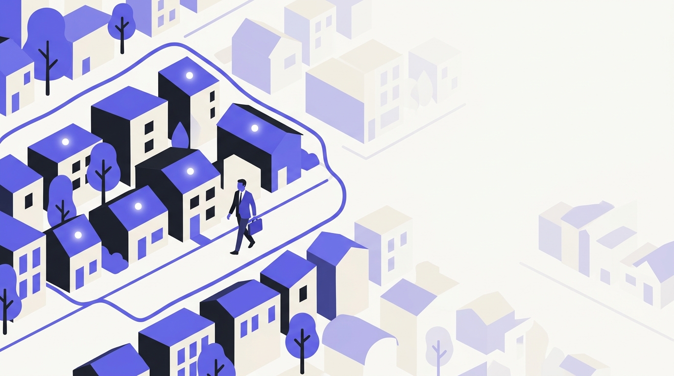 Agent immobilier étudiant le plan d’un quartier découpé en secteurs de prospection, illustration éditoriale sur le farming immobilier