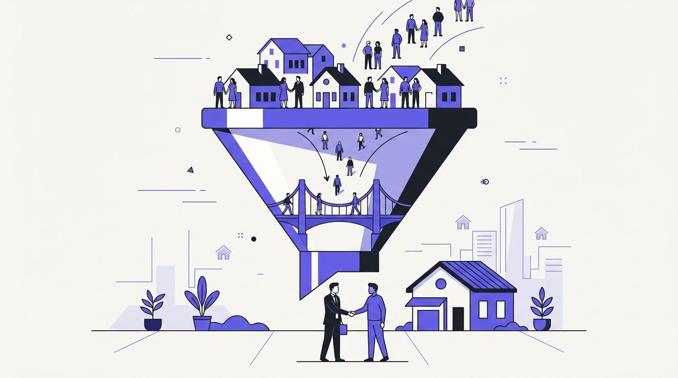 Entonnoir d'acquisition de mandats : des propriétaires vendeurs entrent par une plateforme de mise en relation et rencontrent un conseiller immobilier
