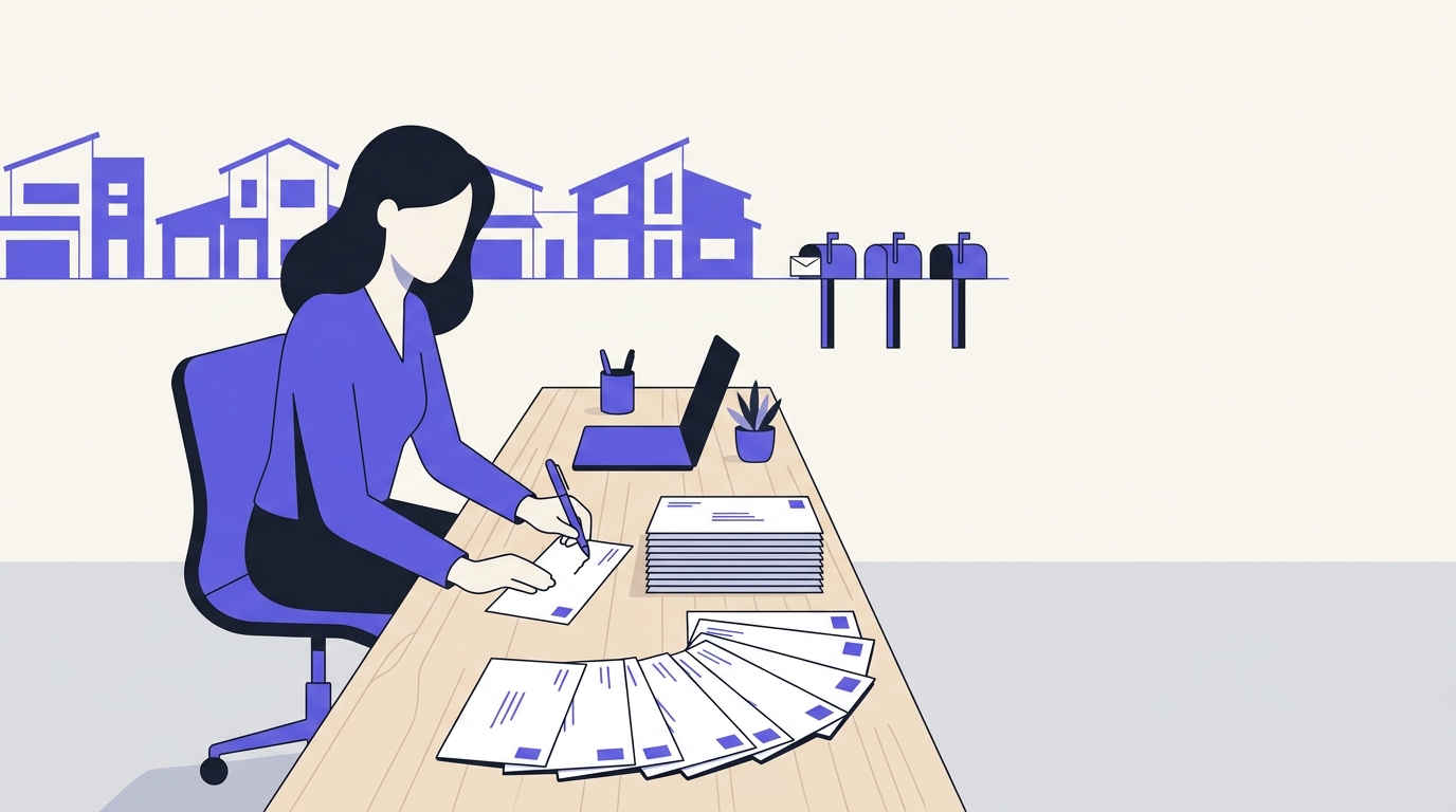 Un agent immobilier prépare une série de courriers de prospection adressés à des propriétaires de son secteur, enveloppes et fichier ouverts sur un bureau