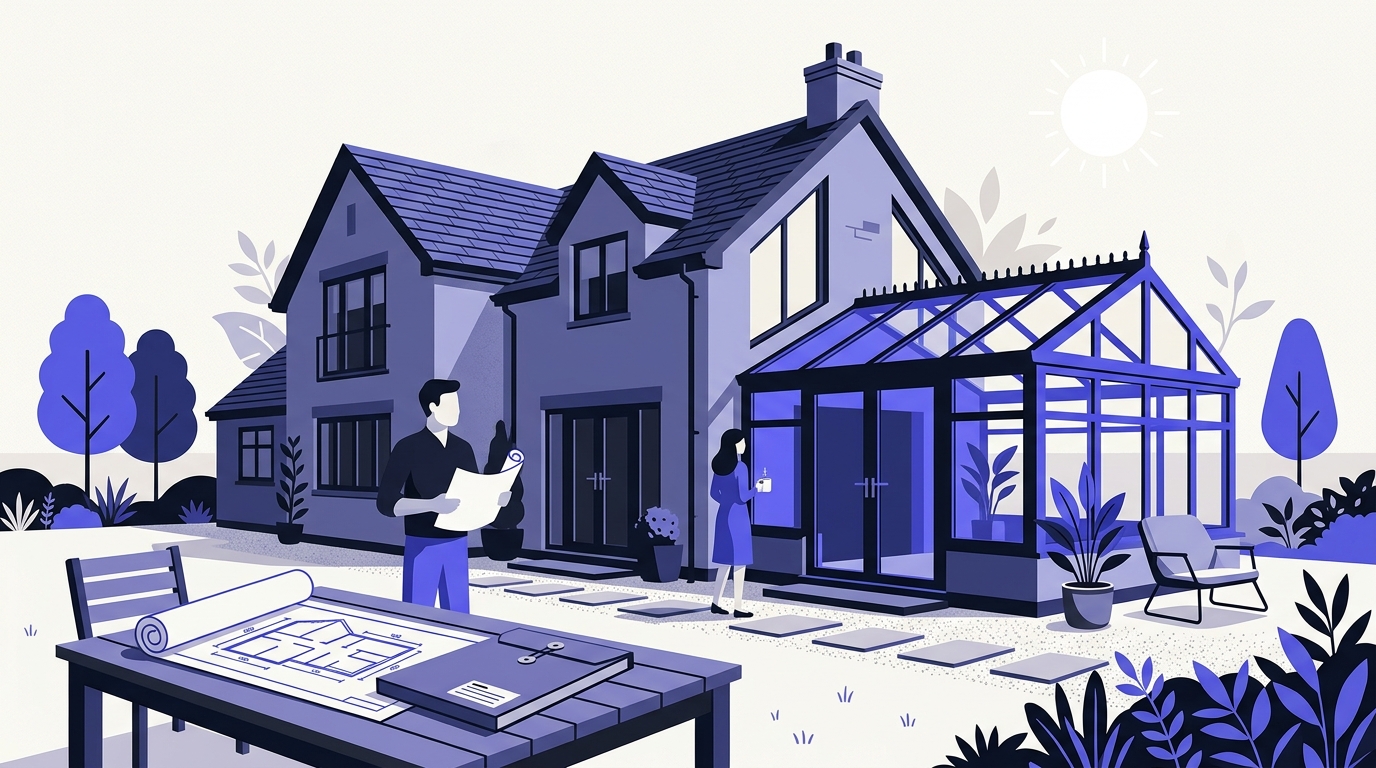 Une véranda accolée à une maison individuelle, vue depuis le jardin, avec des plans d’architecte posés sur une table de terrasse